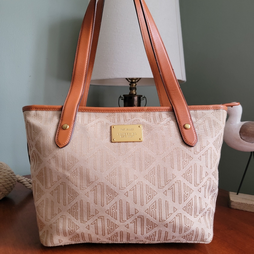 Lauren Ralph Lauren Signature Jacquard Tan Leather Shoulder Tote Bag Vintage